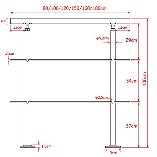 Froadp 100cm Pasamanos Escalera de Acero Inox Ajustable en ángulo Barandilla con Anillo de Bola y 2 Postes Juego de Varilla Interior para Escaleras Balcón Terraza Parapeto(2 Barras)