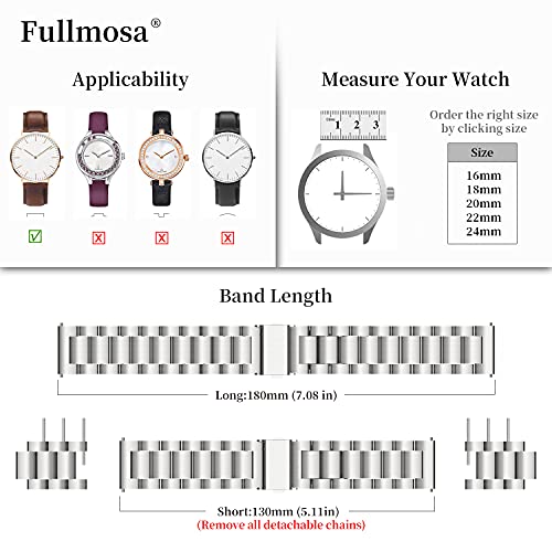 Fullmosa 4 Colores para Correa Metálica de Reloj de Liberación Rápida, Pulsera Reloj de Acero Inoxidable, Plata 20mm