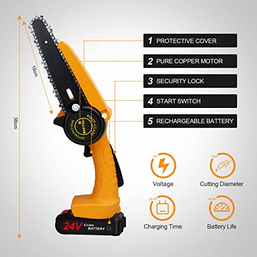 FULLOVE Motosierra de poda, Motosierra Eléctrica Bateria, Mini Motosierra eléctrica de 6 pulgadas con 2 baterías y cargador Motosierra de jardín portátil inalámbrica recargable con una mano, amarilla