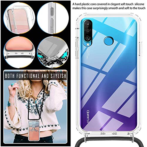 Funda con Cuerda para Huawei P30 Lite, Carcasa 360 Grados Transparente Silicona TPU Bumper Antigolpe Case con Ajustable Colgante Collar Correa de Cuello Cordón, Doble Cara Protección Cover - Negro