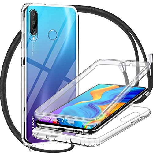 Funda con Cuerda para Huawei P30 Lite, Carcasa 360 Grados Transparente Silicona TPU Bumper Antigolpe Case con Ajustable Colgante Collar Correa de Cuello Cordón, Doble Cara Protección Cover - Negro