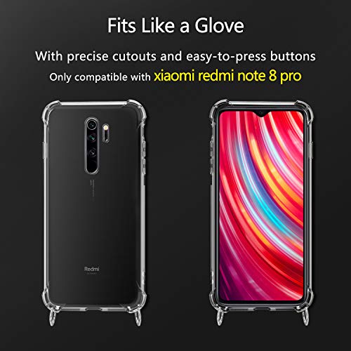 Funda con Cuerda para Xiaomi Redmi Note 8 Pro, Carcasa Transparente TPU Suave Silicona Case con Correa Colgante Ajustable Collar Correa de Cuello Cadena Cordón para Xiaomi Redmi Note 8 Pro Verde menta