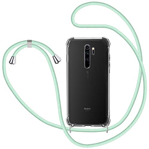 Funda con Cuerda para Xiaomi Redmi Note 8 Pro, Carcasa Transparente TPU Suave Silicona Case con Correa Colgante Ajustable Collar Correa de Cuello Cadena Cordón para Xiaomi Redmi Note 8 Pro Verde menta