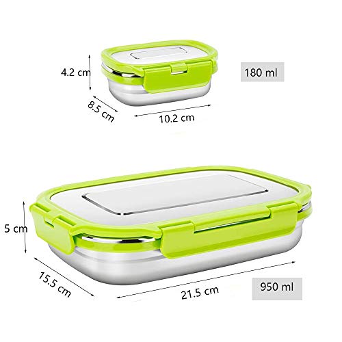 G.a HOMEFAVOR Caja de Almuerzo Fiambrera Acero Inoxidable Bento de Comida Contenedor de Alimentos para Niños o Adultos 2 Piezas, 180ml + 950ml, Verde