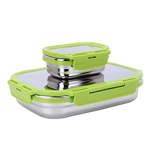 G.a HOMEFAVOR Caja de Almuerzo Fiambrera Acero Inoxidable Bento de Comida Contenedor de Alimentos para Niños o Adultos 2 Piezas, 180ml + 950ml, Verde