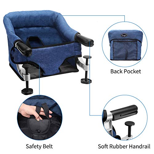 Gancho en Silla, Clip en Trona, Asiento de Alimentación Portátil Plegable Almacenamiento Fácil, Diseño de Alta Carga, Sujetar Rápido a Mesa Silla (Azul)