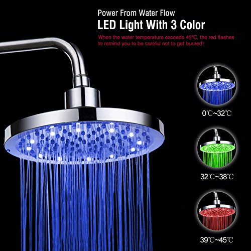 Garsent Cabezal de Ducha LED Cabezal de Ducha LED de 8"Pulgadas, Lluvia Redonda Acero Inoxidable RGB Lámpara de luz LED Cabezal de Ducha Aerosol Superior.