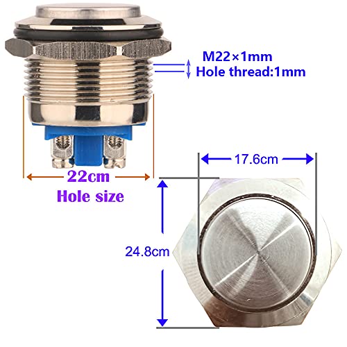 Gebildet 2pcs 22mm 2A/12V/24V/125V/250V Pulsador Momentáneo,Terminales de Tipo Tornillo, Botón de Metal de Acero Inoxidable a Prueba de Agua(Cabeza Alta)