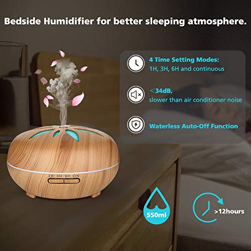 GeeRic humidificador ultrasónico aromaterapia 550ml, Difusor de aceite perfumado Nebulizador para aceites esenciales con 7 colores LED silencioso para yoga, madera