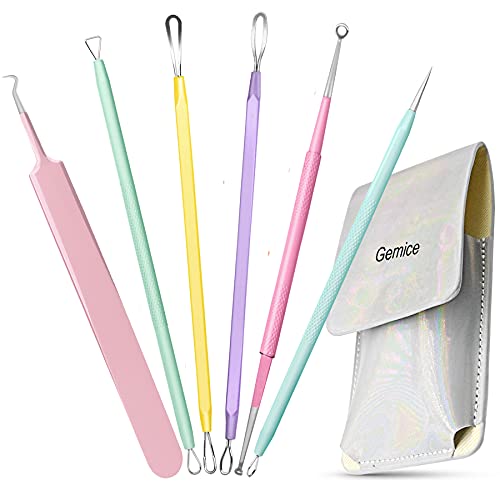 Gemice Puntos Negros Aguja Extractor Limpiador Juego de 6Pcs Kit Blackhead Remover, acero inoxidable Limpiador acné espinilla Pin Spot Extractor aguja mit funda de cuero