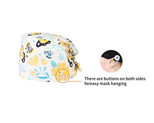 GEMVIE - 6 Piezas Gorros de Trabajo Mujer Ajustable con Botón Gorros Sanitarios para Pelo Largo Algodón Estampado Animales Flores Gorro de Turbante Unisex