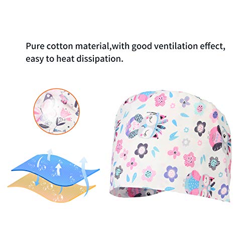 GEMVIE - 6 Piezas Gorros de Trabajo Mujer Ajustable con Botón Gorros Sanitarios para Pelo Largo Algodón Estampado Animales Flores Gorro de Turbante Unisex