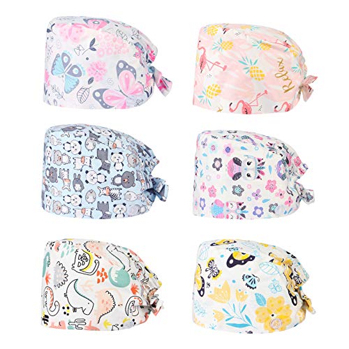 GEMVIE - 6 Piezas Gorros de Trabajo Mujer Ajustable con Botón Gorros Sanitarios para Pelo Largo Algodón Estampado Animales Flores Gorro de Turbante Unisex