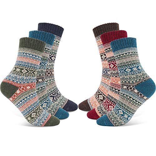 Gifort Calcetines de Lana, 6 Pares Calcetines Cálidos de Confort Casual de Invierno Vintage Transpirable Calcetines de Punto Acogedor, Multicolore, EU 37-42