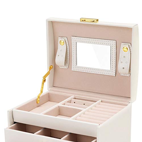 Gifort Joyero, Caja Joyas de Cuero PU con 3 Capas, Organizador Joyas con Espejo y Cerradura para Collares Anillos Pendientes, Jewelry Organizer Regalo para Mujer y Niña, Blanco （17 * 13.5 * 12cm）