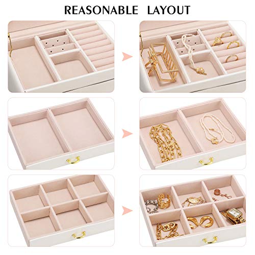 Gifort Joyero, Caja Joyas de Cuero PU con 3 Capas, Organizador Joyas con Espejo y Cerradura para Collares Anillos Pendientes, Jewelry Organizer Regalo para Mujer y Niña, Blanco （17 * 13.5 * 12cm）