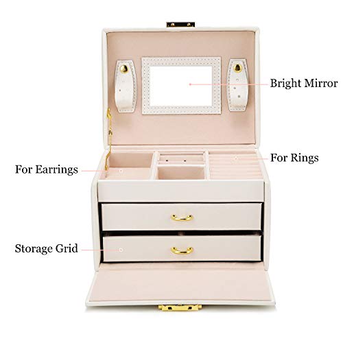 Gifort Joyero, Caja Joyas de Cuero PU con 3 Capas, Organizador Joyas con Espejo y Cerradura para Collares Anillos Pendientes, Jewelry Organizer Regalo para Mujer y Niña, Blanco （17 * 13.5 * 12cm）