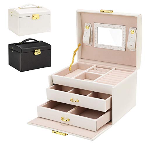 Gifort Joyero, Caja Joyas de Cuero PU con 3 Capas, Organizador Joyas con Espejo y Cerradura para Collares Anillos Pendientes, Jewelry Organizer Regalo para Mujer y Niña, Blanco （17 * 13.5 * 12cm）