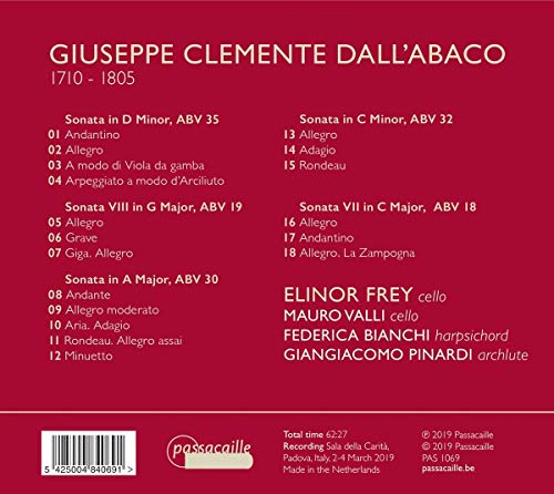 Giuseppe Clemente Dall'Abaco : Sonates pour violoncelle. Frey, Valli, Bianchi, Pinardi.