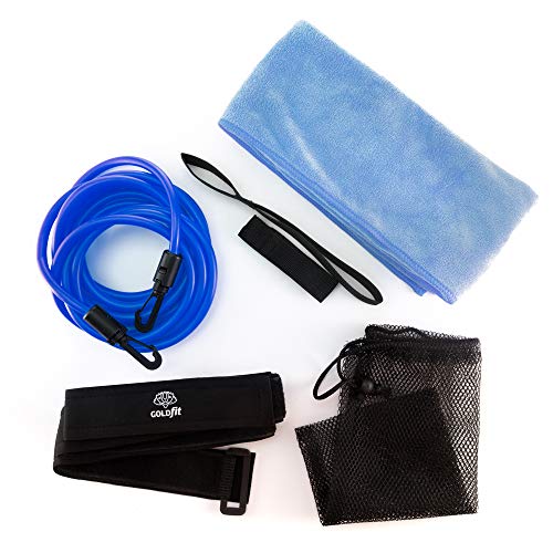 GOLDFIT Cinturón de natación estática Nadathlon, Cuerda Cinta Goma elástica de Resistencia para Nadar en Piscina, Toalla Microfibra y Funda. Kit arnés Swim Belt de Cintura para Entrenamientos. (Azul)