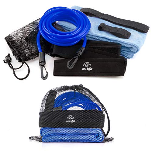 GOLDFIT Cinturón de natación estática Nadathlon, Cuerda Cinta Goma elástica de Resistencia para Nadar en Piscina, Toalla Microfibra y Funda. Kit arnés Swim Belt de Cintura para Entrenamientos. (Azul)