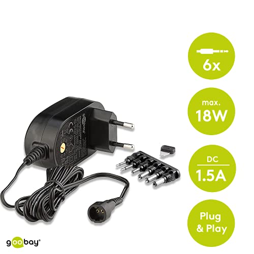 Goobay 59032 - Fuente de alimentación Universal con un máximo de 18 W/1500 mAh con 6 Clavijas de Enchufe DC, Negro