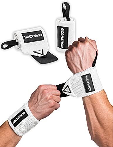 GORNATION® Power Wrist Wraps/Muñequeras Gym para una máxima Estabilidad y Mejor Rendimiento Entrenamiento con Pesas, musculación, Crossfit y calistenia - para Hombres y Mujeres (White)