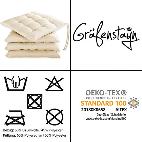 Gräfenstayn® Juego de 4 Cojines 40x40x3cm con Correas de sujeción para Interior y Exterior con Junta Oeko-Tex - (Crema)