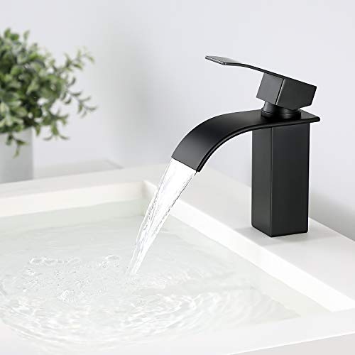 Grifo Lavabo Negro Cascada, CECIPA Ares X102B Grifo Monomando Agua Caliente y Fría Ajustable Latón Moderno Silencioso Grifo de Lavabo para Baño