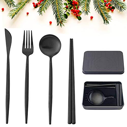 GUANGE Juego de Utensilios de Viaje de 4 Piezas con Estuche de Acero Inoxidable, Juego de Cubiertos de Camping Tipo Desmontable, Juego de Utensilios Reutilizables con Estuche, Negro Mate