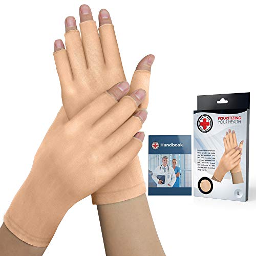 Guantes Artritis Desarrollados por Médicos - Guantes de Compresión Color Piel Sin Dedos para Aliviar Dolores Articulares, Enfermedad de Raynaud y Túnel Carpiano - Manual Escrito por Médico - Un Par