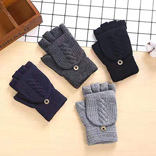 Guantes de Invierno Flip sin Dedos， Guantes sin Dedos Convertibles, Guantes Unisex Mitones de Lana de Punto Caliente Manoplas con Mitten Cover ，（Gris）