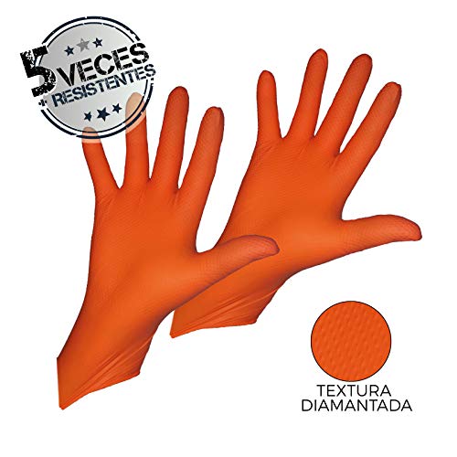 GUANTES de NITRILO DIAMANTADO naranjas - Los guantes de nitrilo MÁS RESISTENTES del mercado - SIN LÁTEX - REUTILIZABLES (XL)