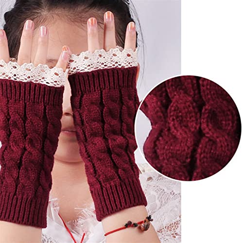 Guantes Invierno otoño mujeres moda cordones ajuste largo sin dedos hecha punto ganchillo muñequera muñeca guantes cálido muñequera cálido Guantes de invierno ( Color : Red , Gloves Size : One Size )