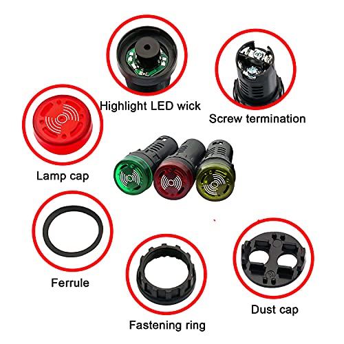 GUUZI 6 Piezas AC DC 220V 22mm LED Lámpara de Luz Indicadora de Señal de Alarma de Flash con Zumbador (Rojo/Amarillo/Verde, Cada Uno para 2 Piezas)