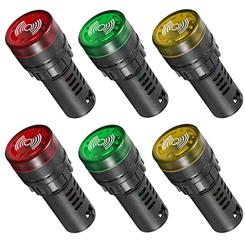 GUUZI 6 Piezas AC DC 220V 22mm LED Lámpara de Luz Indicadora de Señal de Alarma de Flash con Zumbador (Rojo/Amarillo/Verde, Cada Uno para 2 Piezas)