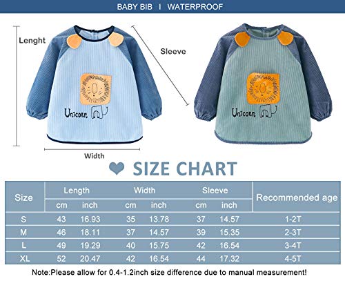 Happy Cherry Baberos de bebé con mangas impermeable delantal botones cierre para bebés niños pequeños con bolsillo, Blue+Green Lion, 1-2 Años