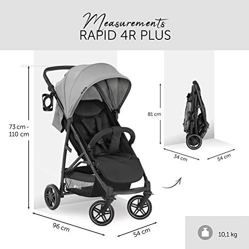 Hauck Rapid 4R Plus Silla paseo de hasta 25 kg, respaldo reclinable desde el nacimiento, capota XL con UPF 50+, manillar regulable con portavasos, plegado con una mano, cesta de la compra grande-gris