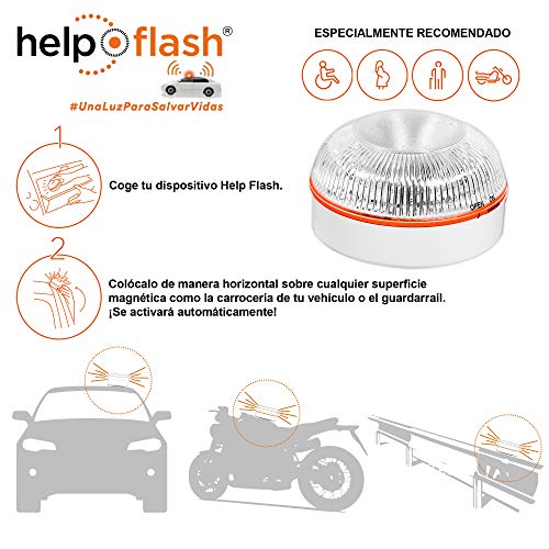 HELP FLASH PK2845 4X luz de Emergencia AUTÓNOMA-Señal preseñalización de Peligro y Linterna, homologada, autorizada por la DGT V16, Base imantada, activación AUTOMÁTICA, 4 Unidades