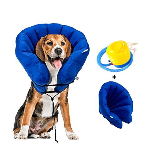 Hengu Collar Inflable de Recuperación de Perros Gatos Mascotas [Versión Mejorada], Cuello Blando Ajustable para Evita que la Mascota Lame Tocando Heridas & Promueve la Recuperación (Con un Inflador)