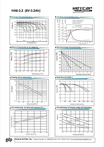 HEYCAR - Batería de Plomo AGM para aplicaciones estacionarias. 6V / 3,2Ah. Capacidad de descarga 45A 0,62 Kg. 134 x 34 x 61 mm