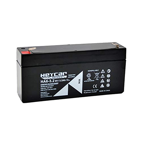 HEYCAR - Batería de Plomo AGM para aplicaciones estacionarias. 6V / 3,2Ah. Capacidad de descarga 45A 0,62 Kg. 134 x 34 x 61 mm