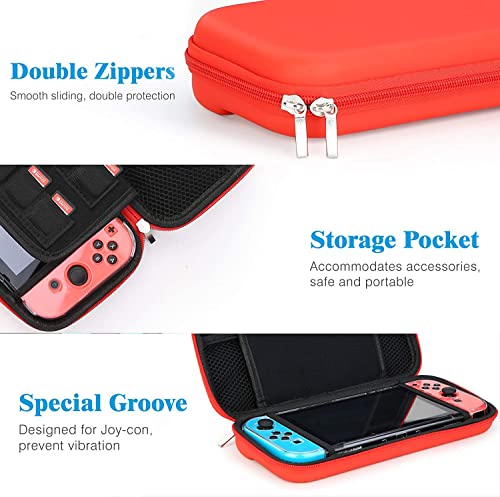 HEYSTOP Compatible con Nintendo Switch Case - Funda de Transporte para Switch + Funda para Interruptor + Protector de Pantalla de Interruptor HD + puños para Pulgar para Accesorios (Rojo Puro)