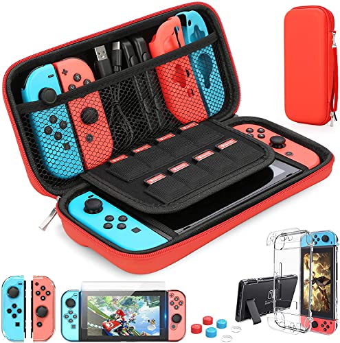 HEYSTOP Compatible con Nintendo Switch Case - Funda de Transporte para Switch + Funda para Interruptor + Protector de Pantalla de Interruptor HD + puños para Pulgar para Accesorios (Rojo Puro)