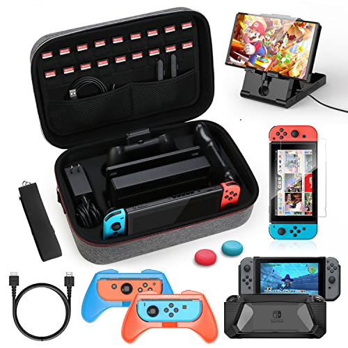 HEYSTOP Kit de Accesorios 12 en 1 Compatible con Nintendo Switch, con Funda de Transporte, TPU Cubierta Protectora, Grip y Volante, Soporte,Protector de Pantalla,Apretones de Pulgar, Cable USB (Gris)