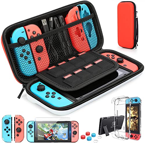 HEYSTOP Nintendo Switch Case - Funda de transporte para Nintendo Switch + funda para interruptor + protector de pantalla de interruptor HD + puños para pulgar para accesorios (rojo/blanco)