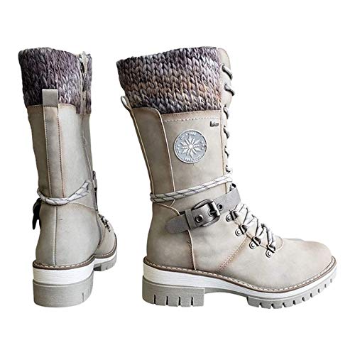 HFDHD Botas de Media Pantorrilla de Punto de Encaje con Hebilla para Mujer, Botas de Nieve para Mujer Resistentes al Agua cálida, Botas de Punta Redonda de tacón bajo de Invierno cálido Red 39