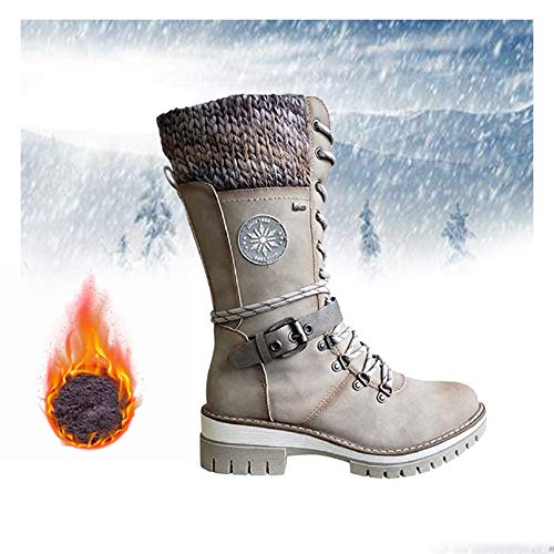 HFDHD Botas de Media Pantorrilla de Punto de Encaje con Hebilla para Mujer, Botas de Nieve para Mujer Resistentes al Agua cálida, Botas de Punta Redonda de tacón bajo de Invierno cálido Red 39