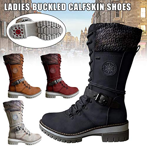 HFDHD Botas de Media Pantorrilla de Punto de Encaje con Hebilla para Mujer, Botas de Nieve para Mujer Resistentes al Agua cálida, Botas de Punta Redonda de tacón bajo de Invierno cálido Red 39