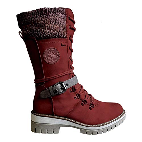 HFDHD Botas de Media Pantorrilla de Punto de Encaje con Hebilla para Mujer, Botas de Nieve para Mujer Resistentes al Agua cálida, Botas de Punta Redonda de tacón bajo de Invierno cálido Red 39